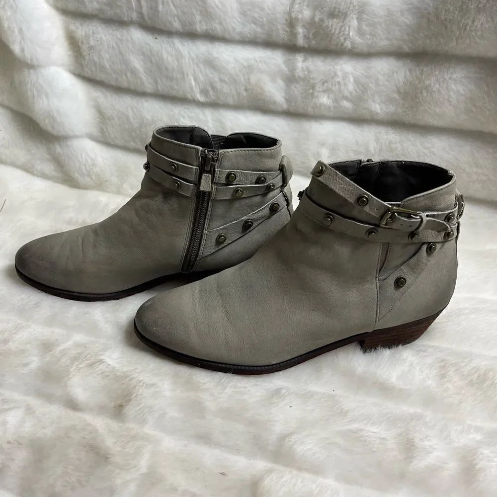 Halogen leather gray ankle boots with side zipper antique tone studs siz…